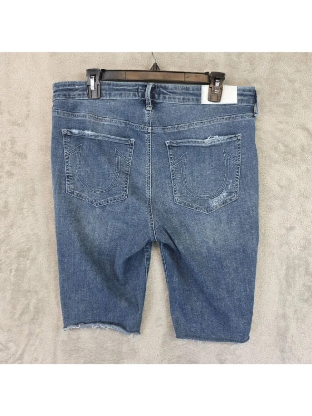 True Religion Shorts Mens 34 Blue Denim Distressed Bermuda 11 Inseam Raw Hem